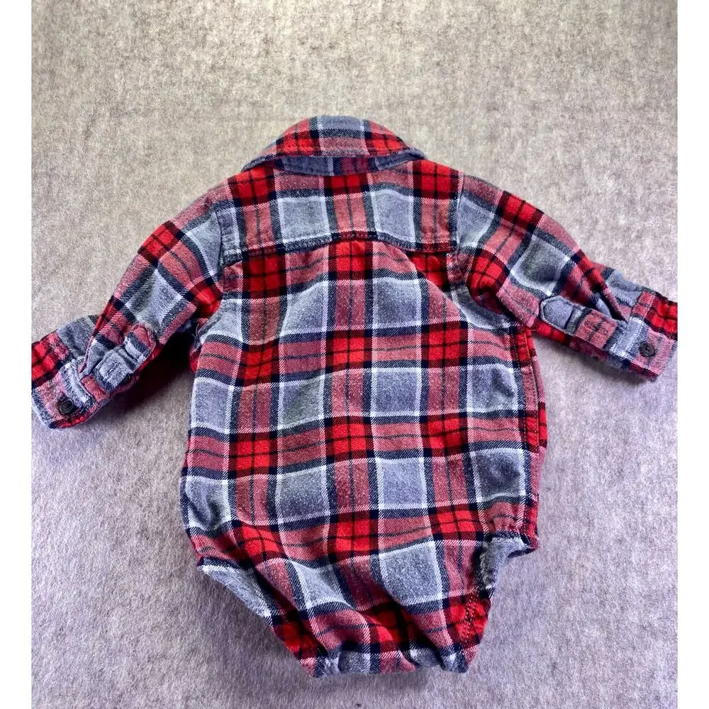 OshKosh B'Gosh 100% Cotton Red and Gray Button Front Flannel Shirt Size 6 Months